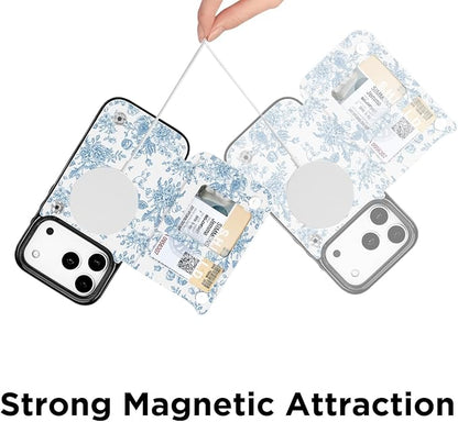 uCOLOR for iPhone 17 Pro 6.3" Wallet Case Magsafe with Card Holder Slot【Compatible with MagSafe】 Double Magnetic RFID Design with Camera Lens Protector (Blue Floral, iPhone 17 Pro)