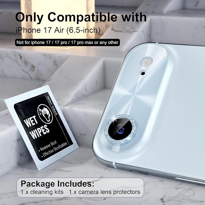 Choiche Compatible for iPhone 17 Air Camera Lens Protector, Bling Camera Cover with 9H Tempered Glass Lens Screen Protector Metal Ring Decoration Accessories 6.5-inch (Light-Sky blue)