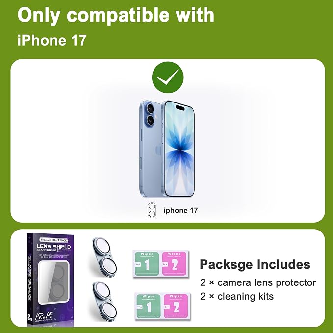 2-Pack Shatterproof Camera Lens Protector for iPhone 17 |AR Tempered Glass Strong Adsorption Metal Camera Cover Screen(Light Blue)