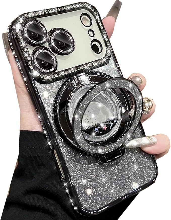 Glitter Kickstand Case for iPhone 17 Pro Max,Cute Bling Sparkly Diamond Rhinestone with Camera Lens Protector Liquid Flowing Ring Stand TPU Bumper Women Girls Case for iPhone 17 Pro Max,Black