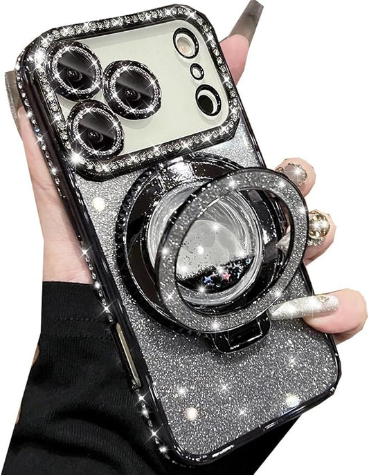 Glitter Kickstand Case for iPhone 17 Pro Max,Cute Bling Sparkly Diamond Rhinestone with Camera Lens Protector Liquid Flowing Ring Stand TPU Bumper Women Girls Case for iPhone 17 Pro Max,Black
