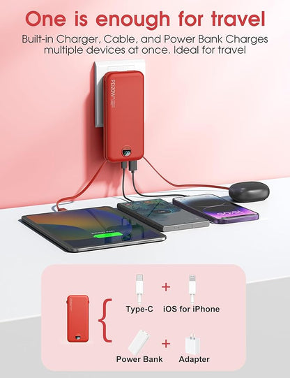 Portable Charger Power Bank, 10000mAh PD20W USB C Fast Charging with Built-in Cables & Wall Plug, 5-in-1 Battery Pack with LED Display, Ultimate Travel Essential for iPhone, iPad, Samsung Red