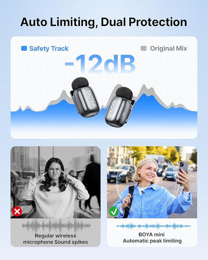 BOYA mini 2 Wireless Microphone for iPhone & Android, AI Noise Cancellation, App Control, Safety Track, 30H Battery Life with Charging Case, Lapel Microphone Wireless for Video Recording Podcast Vlog
