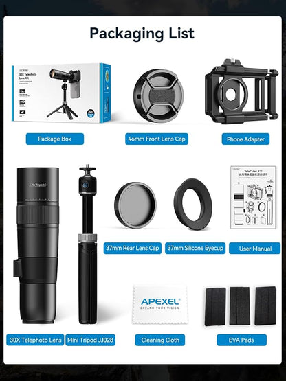 APEXEL High Power 30x HD Telephoto Lens for iPhone | Phone Camera Lens for Outdoor Photography | Compatible with iPhone, Samsung, Pixel | Includes Tripod with Universal Smartphone Clip & Tripod Mount