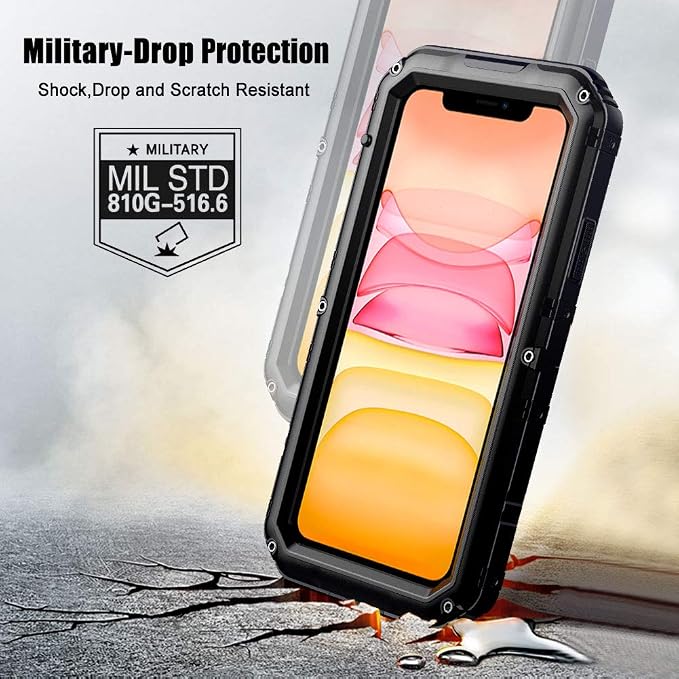 Beasyjoy for iPhone 11 Metal Waterproof Case - Heavy Duty, Shockproof, Dustproof, Rugged Defender, Built-in Screen, Outdoor Protection (Black)