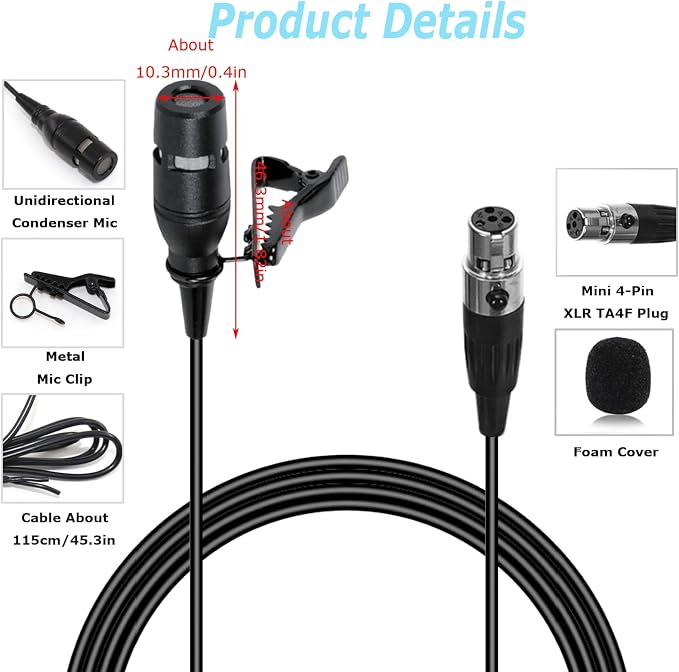Black Lapel Lavalier Microphone Unidirectional Condenser Super Cardioid Mic Compatible with Shure Wireless Bodypack Transmitter System with Mini XLR 4 Pin TA4F Plug
