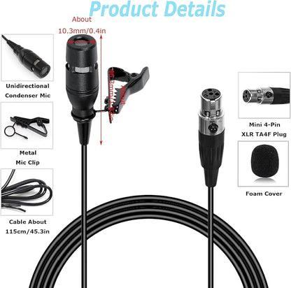 Black Lapel Lavalier Microphone Unidirectional Condenser Super Cardioid Mic Compatible with Shure Wireless Bodypack Transmitter System with Mini XLR 4 Pin TA4F Plug