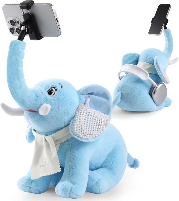 Phone Holder, Phone Mount with 360° Rotating Clip 45° Adjustable Trunk, Elephant Stuffed Animal with Ear Pockets Glasses Cloth Scarf & Back Headphone Fit, Cell Phone Holder for Desk Bed Sofa Car- Blue