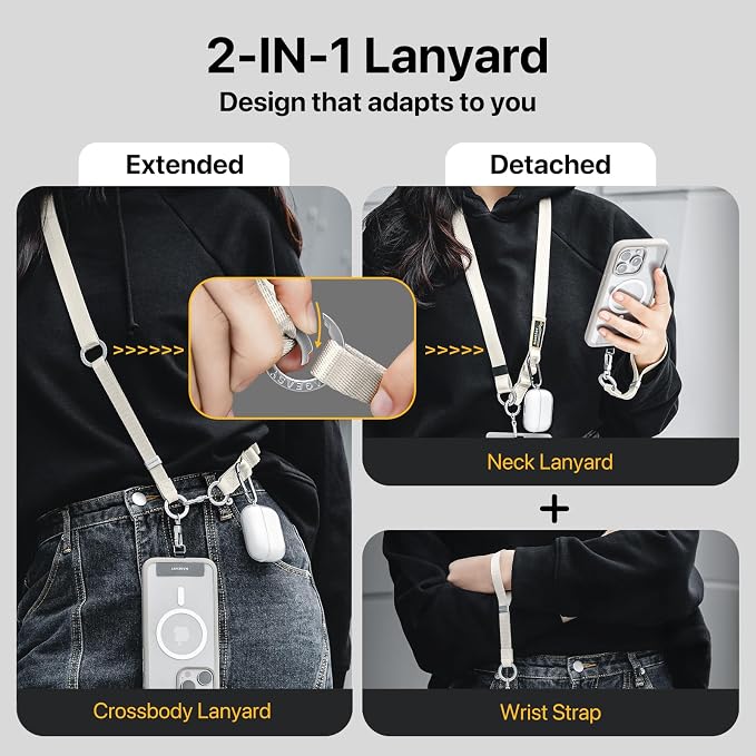 MAGEASY 2-In-1 Cell Phone Lanyard Crossbody - Universal Crossbody Phone Leash & Wrist Strap with Built-in Keychain, Phone Tether Tab | Anti Drop & Anti Theft for Daily & Travel (Concrete Grey)