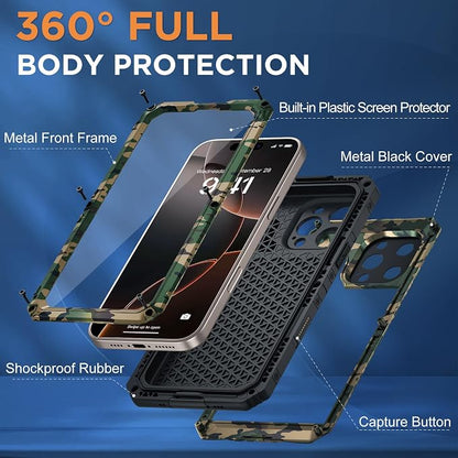 Beasyjoy for iPhone 16 Pro Max Case Waterproof, Metal Heavy Duty Full Body Protective Case with Built-in Screen Protector, Military Grade Shockproof Defender Cover for iPhone 16 Pro Max 6.9", Camo