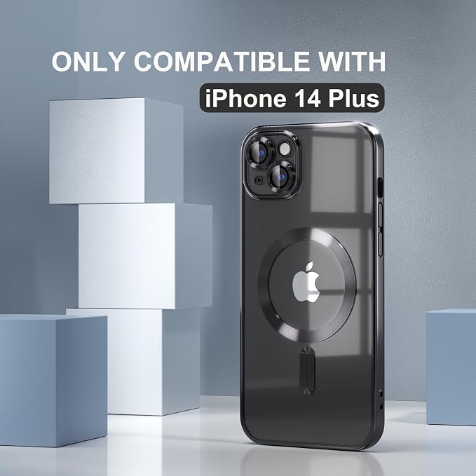 Misea Magnetic for iPhone 14 Plus Case Compatible with MagSafe [Never Yellowing] [Military Grade Drop Protection] Full Camera Lens Protector Plating Soft Clear Phone Case for Women Girls, Black