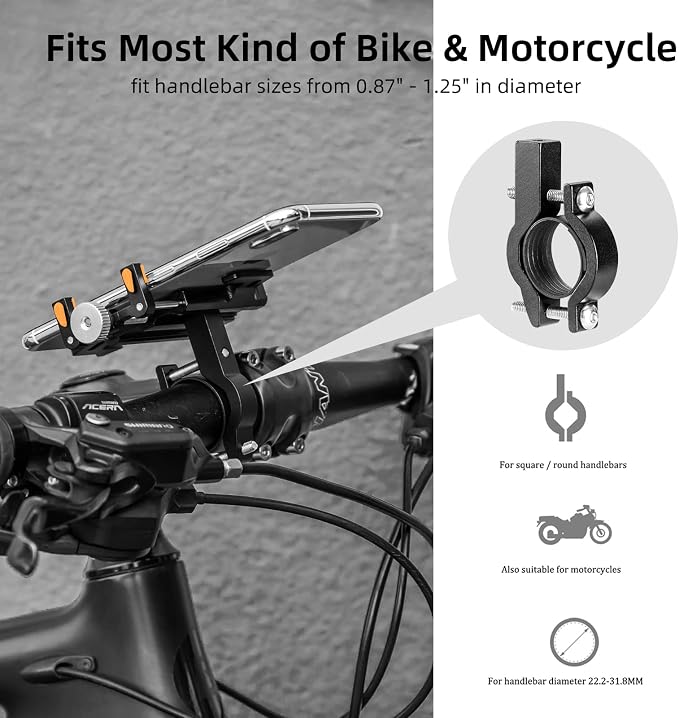 ROCKBROS Bike Phone Holder, Motorcycle Phone Mount, Anti-Shake Cell Phone Holder, 360° Adjustable for iPhone 16, 15 Pro Max/Plus, S9, S10 and More 4.7" to 7" Smartphones，Orange