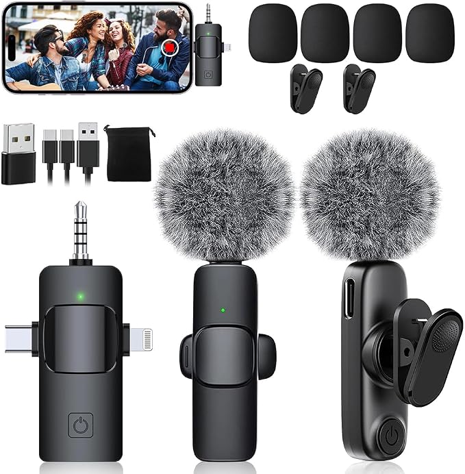Mini Microphone,3 in 1 Wireless Lavalier Microphones for iPhone/iPad/Android/Camera(Lightning/USB/3.5 mm Jack),2 Pack Bluetooth Microphone with on Mute/Noise for Video Recording Vlog,Youtube,Tiktok