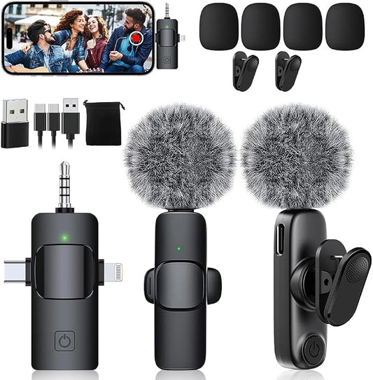Mini Microphone,3 in 1 Wireless Lavalier Microphones for iPhone/iPad/Android/Camera(Lightning/USB/3.5 mm Jack),2 Pack Bluetooth Microphone with on Mute/Noise for Video Recording Vlog,Youtube,Tiktok