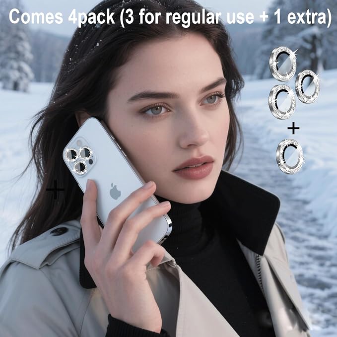 Compatible for iPhone 14 Pro/iPhone 14 Pro Max Camera Lens Protector Bling, Cute Sparkle Glitter Luxury Camera Cover for Women, Anti-Scratch (3 Protectors + 1 Extra), Silver