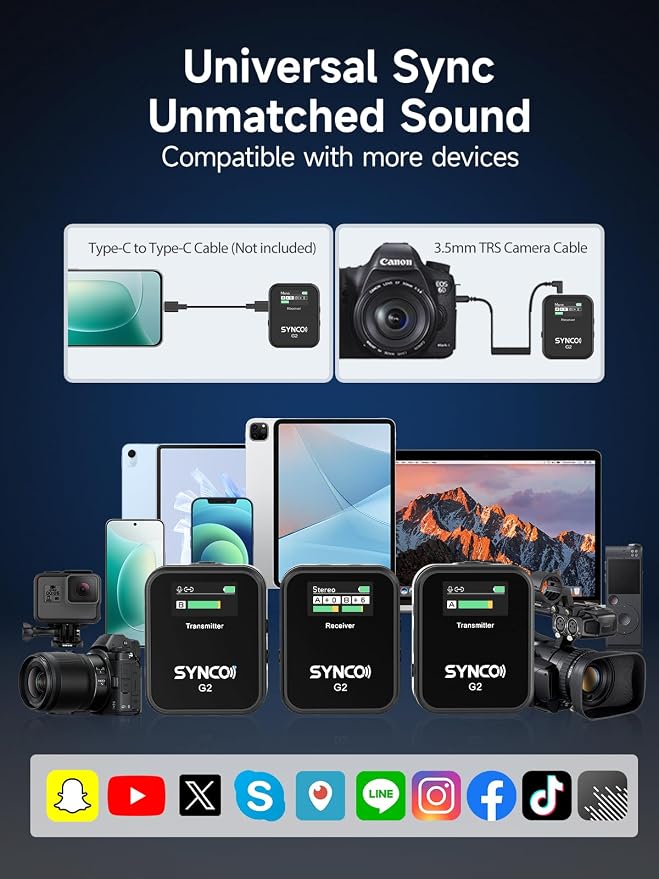 SYNCO Wireless Lavalier Microphone, G2(A2) 2.4G Dual Transmitter 48KHz 24Bit Lapel Mic 656FT 8H for Vlogging Live Streaming YouTube for Camera Smartphone Tablet