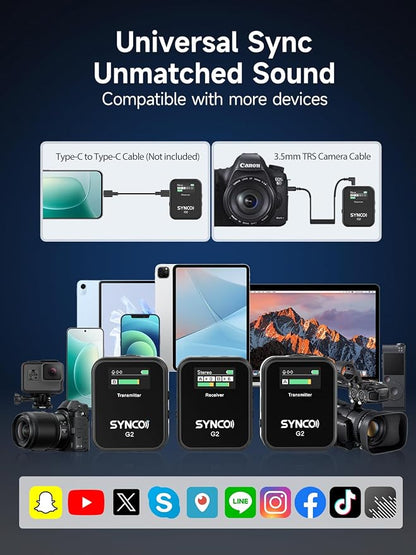 SYNCO Wireless Lavalier Microphone, G2(A2) 2.4G Dual Transmitter 48KHz 24Bit Lapel Mic 656FT 8H for Vlogging Live Streaming YouTube for Camera Smartphone Tablet