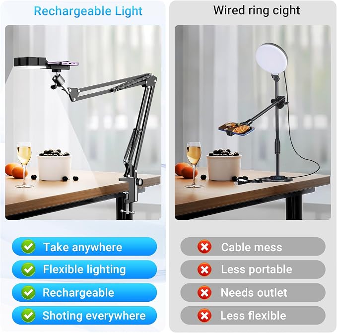 Overhead Phone Mount with Rechargeable Light for iPhone, Desk Tripod with Clamp for Content Creator Camera Recording, Top Down Holder Stand for Filming/Live/Cooking/Unboxing/Drawing/YouTube/TikTok