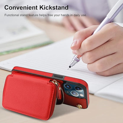 Bocasal Crossbody Wallet Case for iPhone 13 Pro Max, RFID Blocking Leather Purse Case with Card Holder, Protective Handbag Flip Cover with Zipper Wrist Strap Lanyard for Women 5G 6.7 Inch (Red)