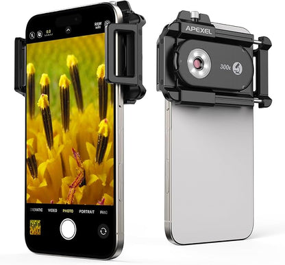 APEXEL 300X Phone Microscope Lens, Phone Camera Micro Lens with Universal Clip/LED Light/CPL, Mini Pocket Microscope, Phone Lens Attachment Fit for iPhone 17/16/15/14/13, Samsung, and Most Smartphone