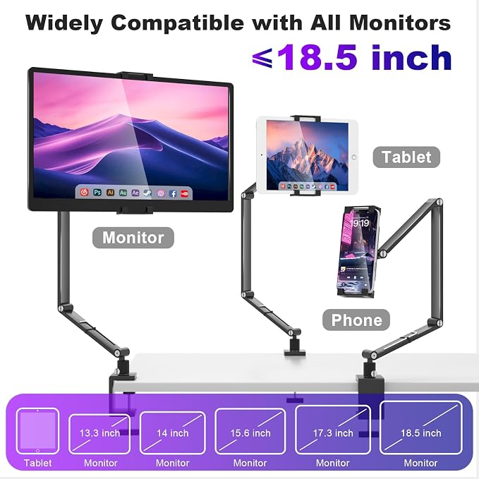 Tablet Stand Holder for ipad,Portable Monitor Stand for 6-18.5 ",Adjustable Foldable Tablet Arm iPad Desk Mount with 360°Rotate Base,Phone iPad Holder for Desk,Compatible with Larger Monitors