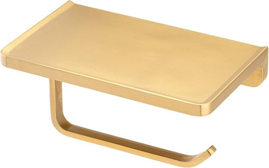 Linkaa Brushed Gold Toilet Paper Holder with Shelf, Wall Mount Toilet Tissue Holder with Phone Shelf Bathroom Accessories Gold Toilet Paper Holder with Phone Storage(Brushed Brass)