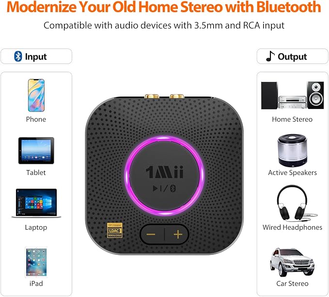 1Mii B06S+ LDAC Bluetooth 5.2 Receiver for Home Stereo Hi-Res Music Streaming, Hi-Fi Wireless Audio Adapter w/aptX HD Low Latency, Long Range Bluetooth Audio Receiver Volume Control, RCA/3.5mm Outputs