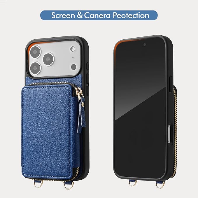 ZVE for iPhone 17 Pro Case Wallet with Crossbody Strap, Card Holder Leather Phone Cover with Wrist Strap 6.3" Navy Blue