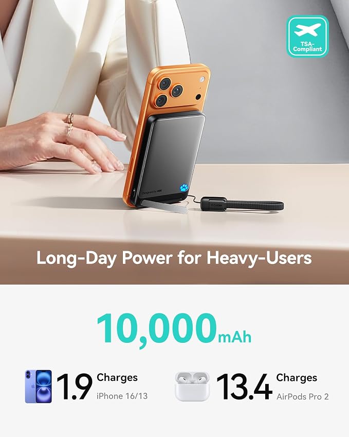 INIU for MagSafe Portable Charger, Slimmest Fast Charging 45W Power Bank 10000mAh with USB C Cable&Stand, Original Qi2 Certified Wireless Magnetic Charger 15W, TSA Travel Basics for iPhone 17-12 Only