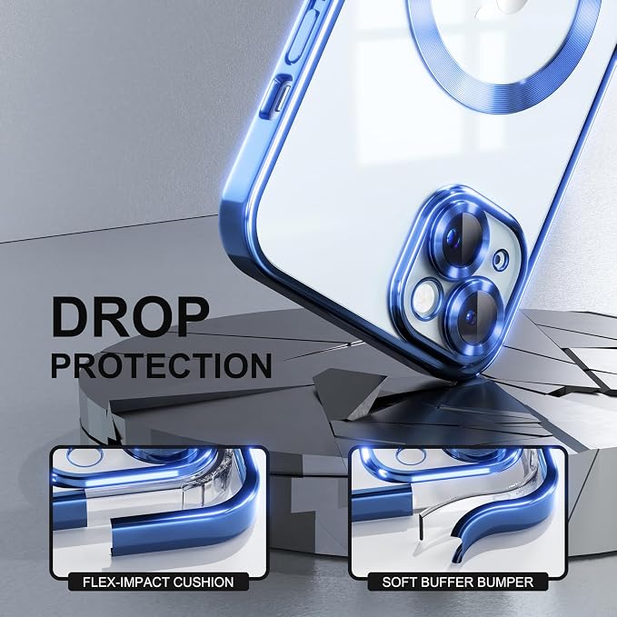 Misea Magnetic for iPhone 15 Case Compatible with MagSafe [Never Yellowing] [Military Grade Drop Protection] Full Camera Lens Protector Plating Soft Clear Phone Case for Women, Deep Blue