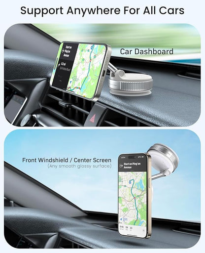 Jononser Magnetic Suction Cup Phone Mount for Magsafe, 360° Adjustable Magnetic Car Phone Holder, Pocket Size Foldable Car Mount, Phone Holders for Your Car for iPhone 17 16 15 14 13 12 Series,White