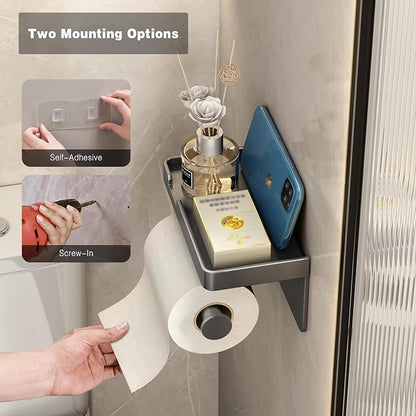 VOLDRA Toilet Paper Holder with Phone Shelf, Self-Adhesive or Screw Toilet Tissue Roll Holder Wall Mount, Rustproof & Multifunctional Bathroom Toilet Paper Holder Storage Dispenser(Gray)