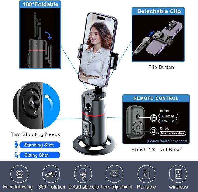 GREEN HOUSE Auto Face Tracking Phone Holder, Selfie Gimbal with Rechargeable & Detachable LED Fill Light & Detachable Controller