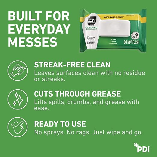 PDI Sani-Professional Cleaning Wipe, Multi-Surface, Fresh Scent, Non - Streak, For Kitchen, Restaurant Tables, Glass, Treated Wood, 90 Count, Pack of 12 (1080 Total Wipes)