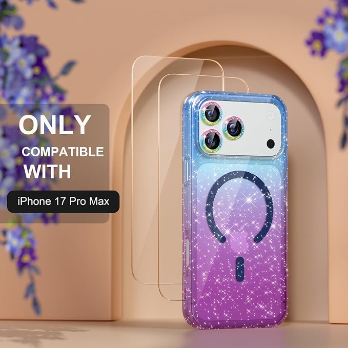 Choiche Magnetic for iPhone 17 Pro Max Case Compatible with MagSafe, Women Cute Glitter Sparkly Phone Case with Diamond Camera Lens Protectors, Military-Grade Drop Protection 6.9" (Blue/Purple)