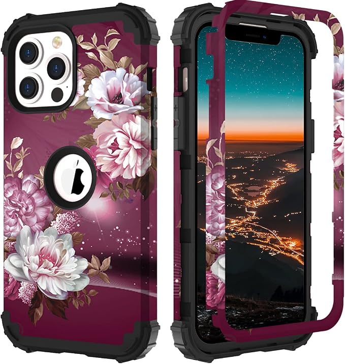 Hocase for iPhone 13 Pro Case, Heavy Duty Shockproof Protection Soft Silicone Rubber+Hard Plastic Bumpers Hybrid Protective Case for iPhone 13 Pro 6.1" 2021 - Royal Purple Flowers