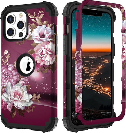 Hocase for iPhone 13 Pro Case, Heavy Duty Shockproof Protection Soft Silicone Rubber+Hard Plastic Bumpers Hybrid Protective Case for iPhone 13 Pro 6.1" 2021 - Royal Purple Flowers