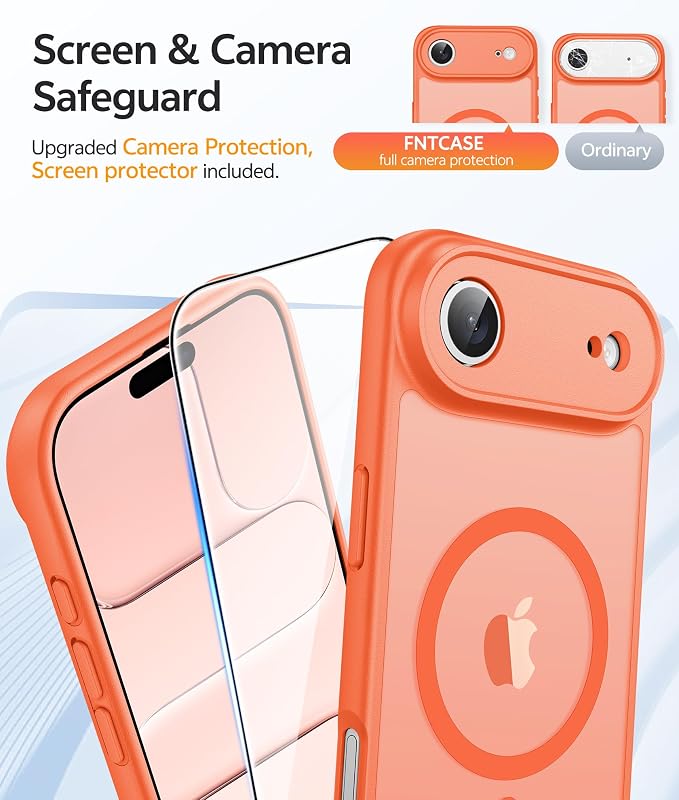 FNTCASE for iPhone Air Case: [Compatible with Magsafe] Translucent Matte Cases with [Full Camera Protection] [Screen Protector] Military Grade Shockproof Protective Phone Cover - Orange