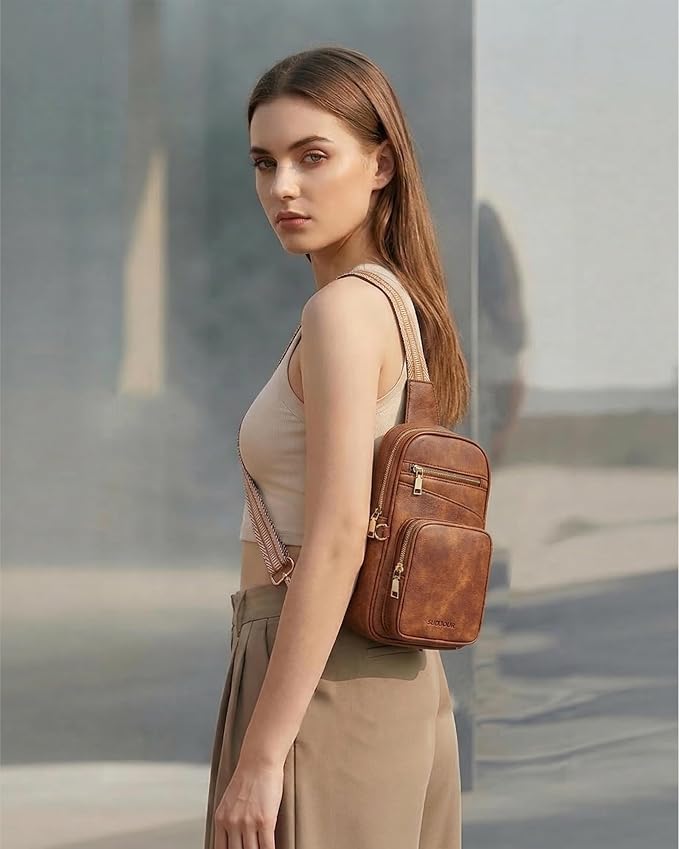 Anti Theft Crossbody Bags for Women,RFID Sling Bag Travel Purse,Vegan Leather Cross Body Purses Chest Bag for Travel(Pure Brown) | Multi-Pocket, Structured bag, Any Occasion