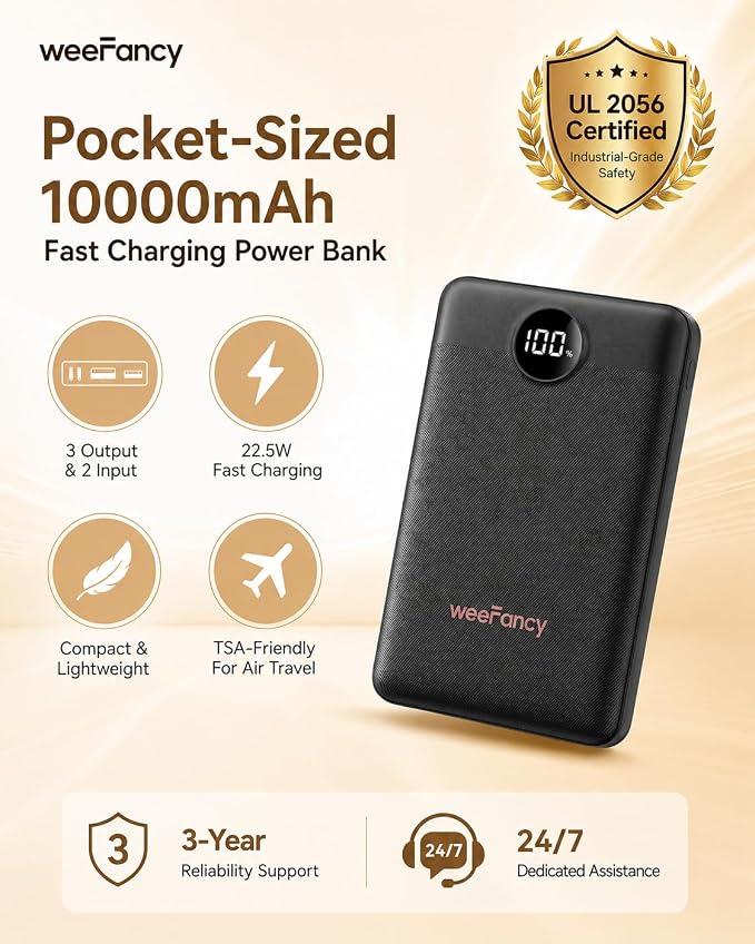 Small Portable Charger 10000mAh, Mini Power Bank with LED Display, 20W Fast Charging USB-C Battery Pack, Compact Travel Charger Compatible with iPhone 17/16/15/14, Samsung S25/24, Android, etc