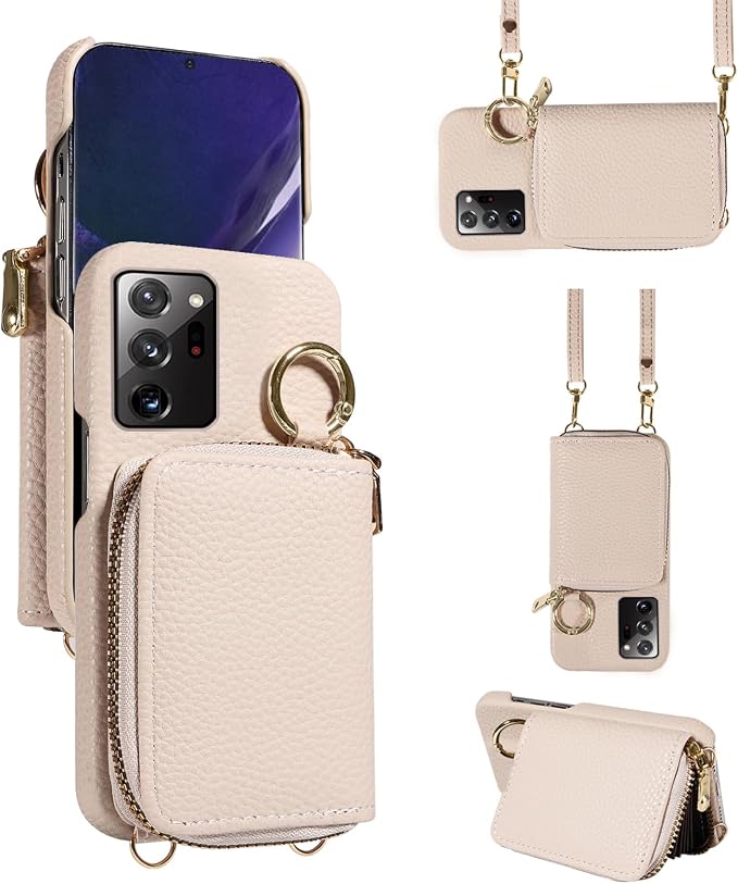 Wallet Case for Samsung Galaxy Note 20 Ultra 5G, Shoulder Strap Ring Buckle, Zipper Flip Organ Purse, Card Holder Phone Cover for Note20 Plus Notes 20Ultra Note20+ U + 20+ Twenty Not S20 White