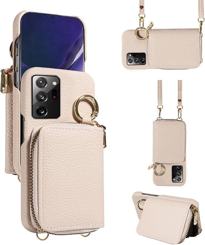 Wallet Case for Samsung Galaxy Note 20 Ultra 5G, Shoulder Strap Ring Buckle, Zipper Flip Organ Purse, Card Holder Phone Cover for Note20 Plus Notes 20Ultra Note20+ U + 20+ Twenty Not S20 White