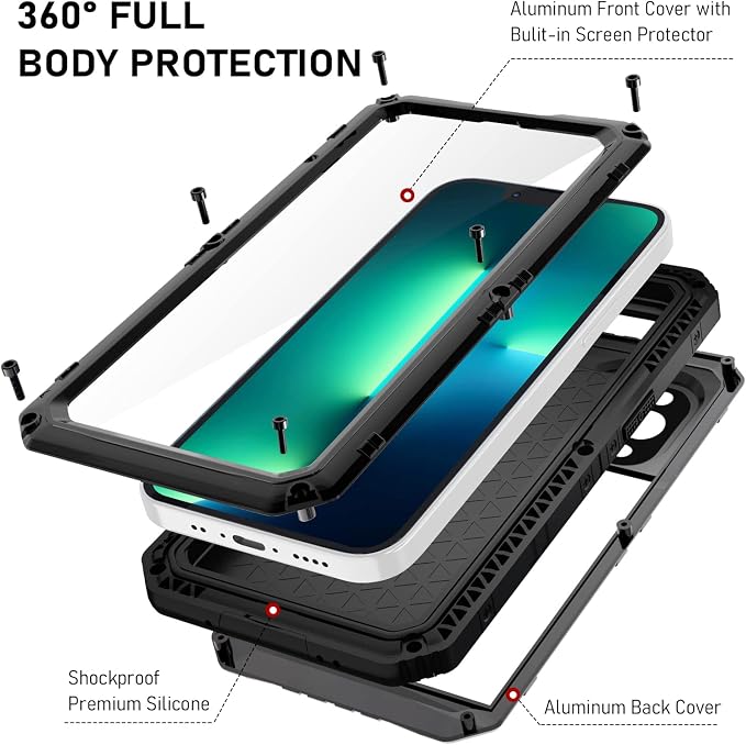 Beasyjoy Waterproof Case for iPhone 13 Pro, Metal Case with Built-in Screen Protector, Defender Full Body Protective Military Grade Heavy Duty Rugged Shockproof Phone Case 6.1 Inch, Black