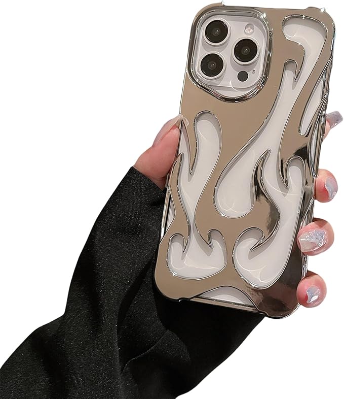 for iPhone 16 Pro Max Fire Hollow Breathable Soft Phone Case, Fashion 3D Flame Pattern Slim Shockproof Protective Soft Cover for iPhone 16 15 14 13 12 Pro Max (Silber,12)