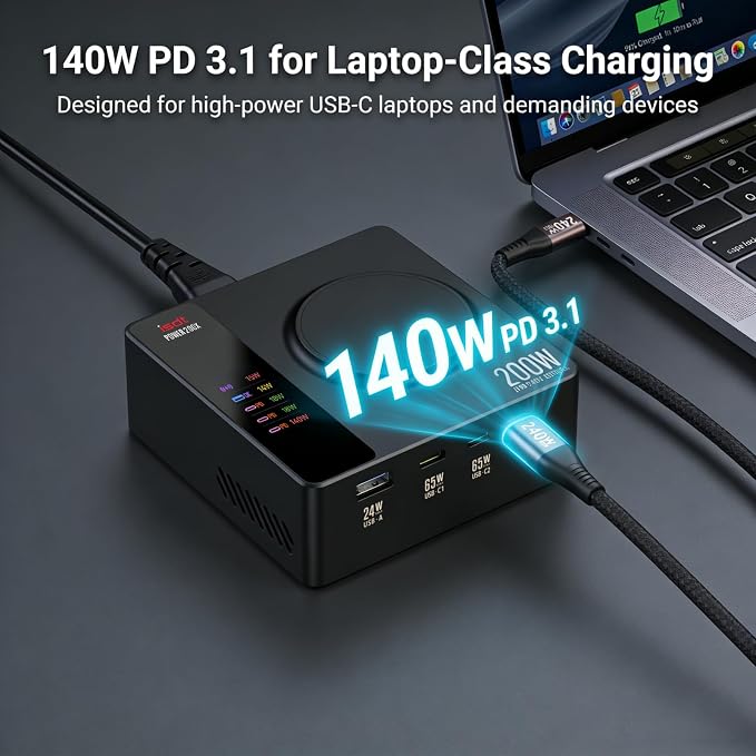 ISDT Power200X 200W Desktop Charging Station for Multiple Devices, 5-in-1 USB C Charger with 140W PD 3.1, Wireless Charging Pad for Laptop, Tablet, Phone & Earbuds with Display