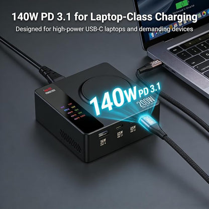 ISDT Power200X 200W Desktop Charging Station for Multiple Devices, 5-in-1 USB C Charger with 140W PD 3.1, Wireless Charging Pad for Laptop, Tablet, Phone & Earbuds with Display