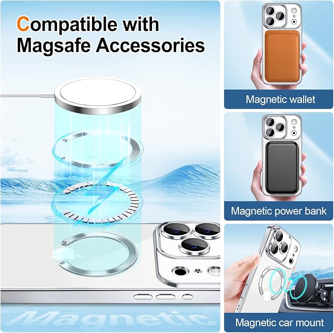 Hython for iPhone 17 Pro Case Glitter Clear Magnetic Phone Cases [Compatible with MagSafe] Full Camera Lens Protector Sparkle Luxury Plating Slim Shockproof Protective Cover Women, Gradient Silver