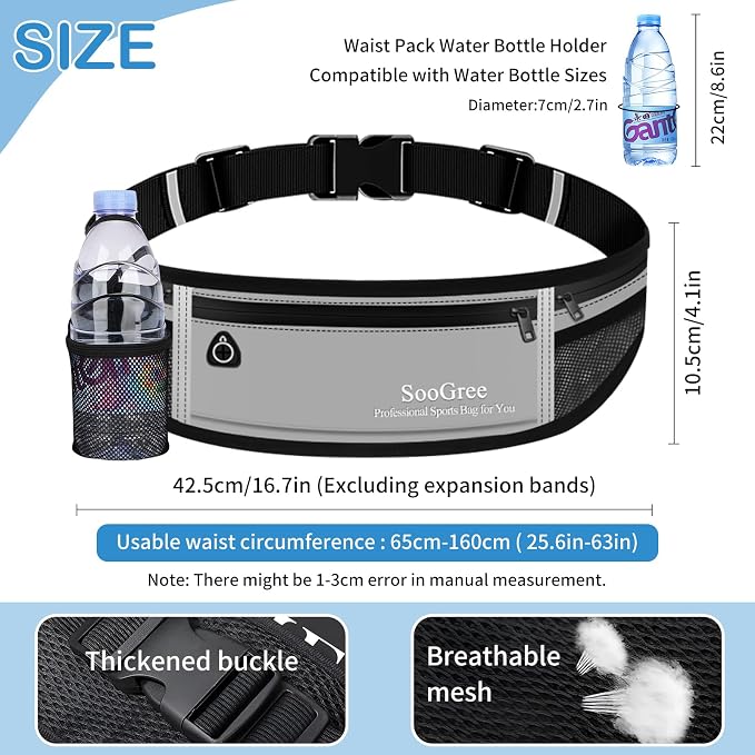 SooGree Men Women Running Belt Fanny Pack,Reflective Workout Sport Waist Pack Bag,Running Phone Holder Belt with Water Bottle Holder, Ideal for Running,Walking,Cycling,Gym Workouts (GSP8803-Gray)