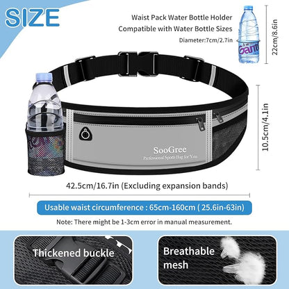 SooGree Men Women Running Belt Fanny Pack,Reflective Workout Sport Waist Pack Bag,Running Phone Holder Belt with Water Bottle Holder, Ideal for Running,Walking,Cycling,Gym Workouts (GSP8803-Gray)