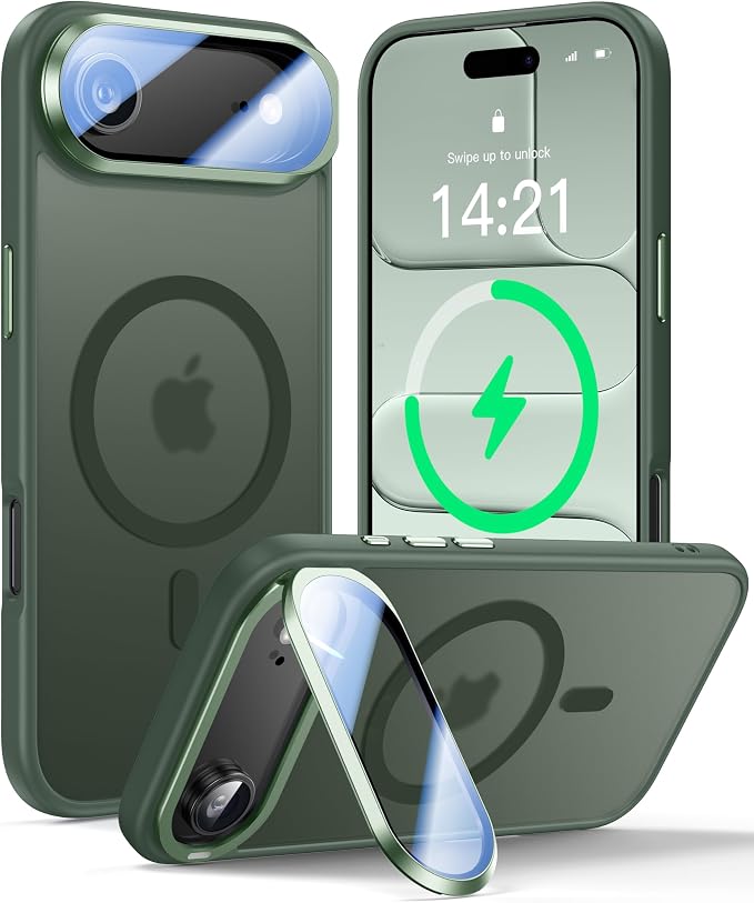 [Upgraded Full Camera Protection] for iPhone Air Case with Camera Cover Stand [Fit for MagSafe][10FT Mil-Grade Protection] Translucent Magnetic Phone Cover for iPhone 17 Air Case, Green